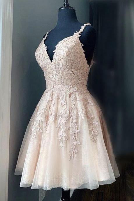 Lace Appliques Tulle V Neck Homecoming Dresses Formal Dress Sa1646