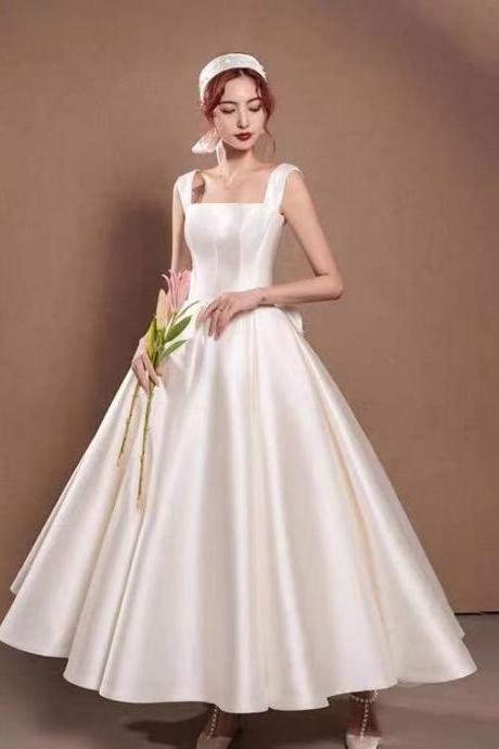 White Wedding Dress,spaghetti Straps Formal Dress,satin With Bowknot Prom Dress Sa1652