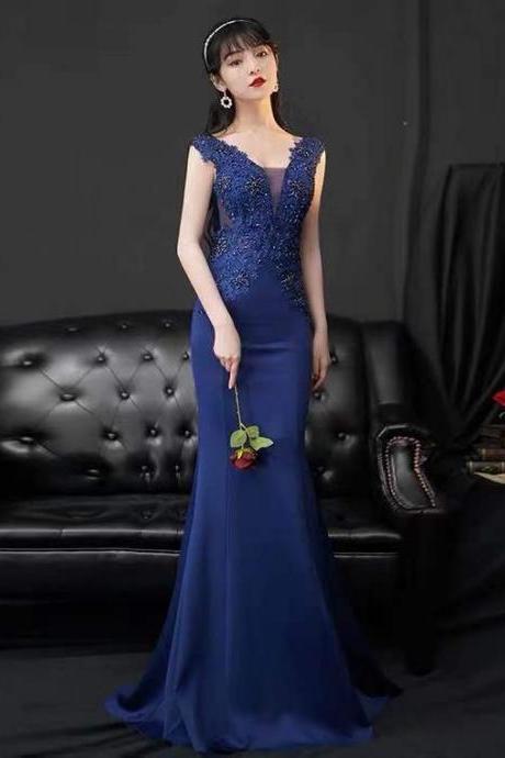 Navy Blue Party Dress,lace Applique Evening Dress,lace Applique Formal Dress Sa1654