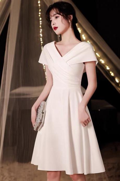 V-neck Party Dress White Homecoming Dress Formal Dress Simple Graduation Dress,custom Made Sa1656