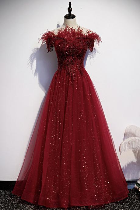 Burgundy Tulle Sequins Long A Line Formal Dress Prom Dress Evening Dress Sa1664