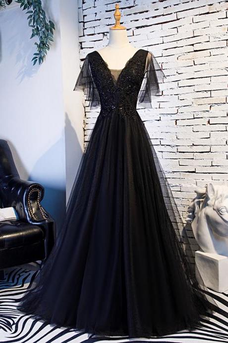 Hand Made Black V Neck Tulle Lace Long Formal Dress Prom Dress Evening Dress Sa1668