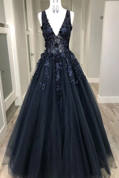 Open Back Beaded Appliques Black Lace Long Prom Dresses V Neck Formal Evening Dresses Sa1693