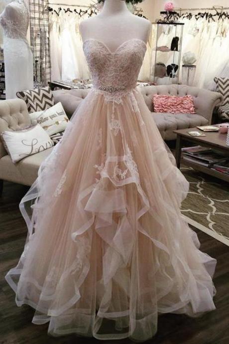Light Pink Tulle Lace Long Prom Dress,formal Dress Evening Dress Sa1705