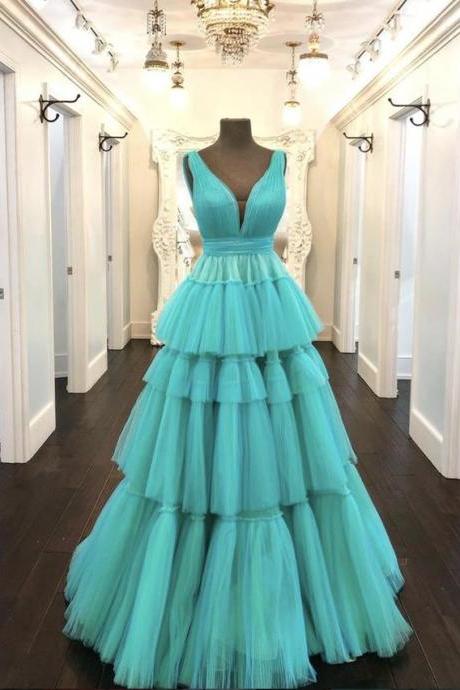 A Line V Neck Tulle Long Prom Dress Formal Dress Evening Dress Sa1707
