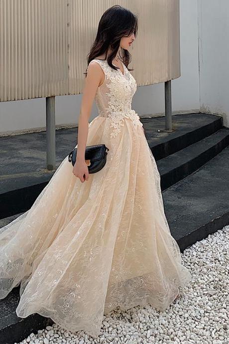Champagne V-neckline Lace Long Party Dress A-line Lace Prom Dresses Formal Dresses Sa1718