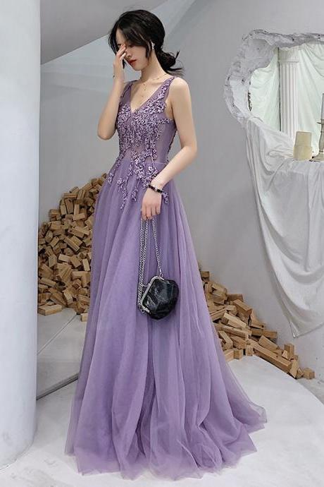 V-neckline Tulle Long Lace Applique Party Dress Formal Dress Tulle Prom Dress Evening Dresses Sa1719