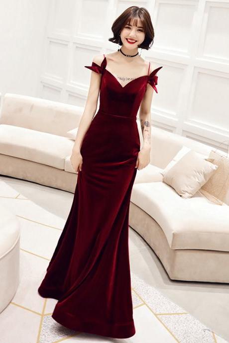 Wine Red Velvet Mermaid Straps Long Evening Dress Velvet Formal Dress Sa1722