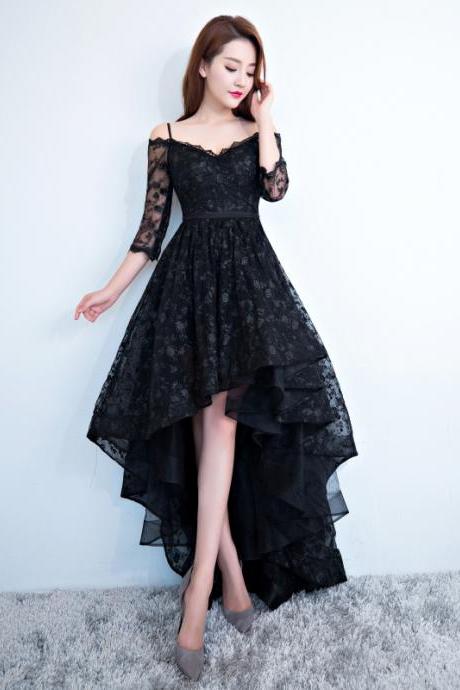 High Low V-neckline Straps Long Party Dress Black Lace Formal Dress Homecoming Dress Sa1724