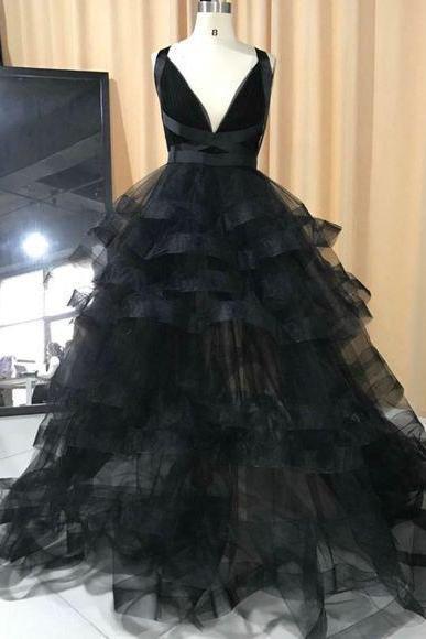 Black Tulle Deep V Neck Floor Length Cross Back Formal Dress Ruffles Evening Dresses Sa1727