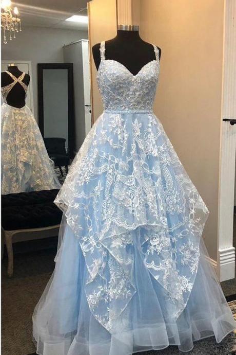 Light Blue And White Lace Long Formal Gown Prom Dress Evening Dress Sa1729