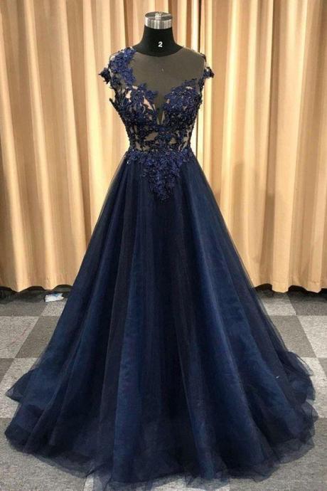 Navy Blue Round Neck Long Cap Sleeve Tulle Evening Dress Formal Dress Prom Dress Sa1730