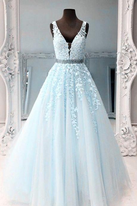 Light Blue Ball Gown Prom Dresses Lace Embroidery Evening Dress V Neck Formal Gown Sa1732