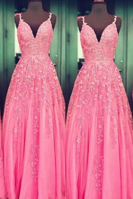 Pink Tulle Prom Long Dresses Lace V Neck Embroidery Formal Dress Sa1733