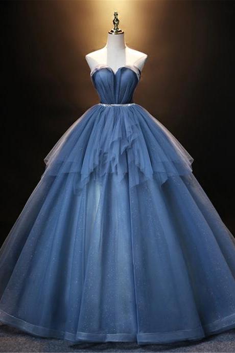 Blue Prom Dress Fairy Long Evening Dress Graduation Strapless Formal Dress Sparkling Tulle Dress Blue Ball Gown Sa1737
