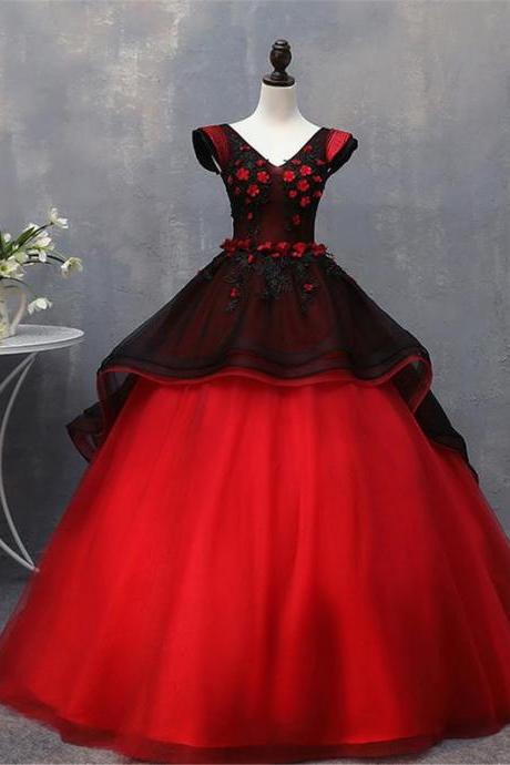 Red Black Ball Gown Vintage Flower Prom Dress Layered Ball Formal Dress Graduation Party Dress Sa1739