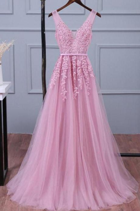 Pink V-neck Tulle Formal Prom Dress, Formal Dress Beautiful Long Evening Dress Sa1752