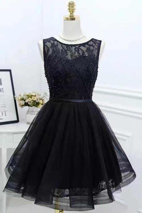 Black Evening Dress, Lace Puffy Dress Formal Dress Sleeveless Homecoming Dress Sa1769