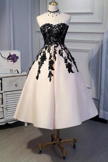 Sleeveless Tea Length Satin Formal Party Dress With Black Lace Prom Dress Sa1770