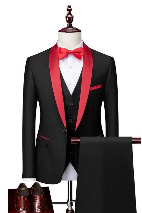 3 Pieces Set Formal Slim Fit Tuxedo Prom Suit / Male Groom Wedding Blazers High Quality Dress Jacket Coat Pants Vest Ms21