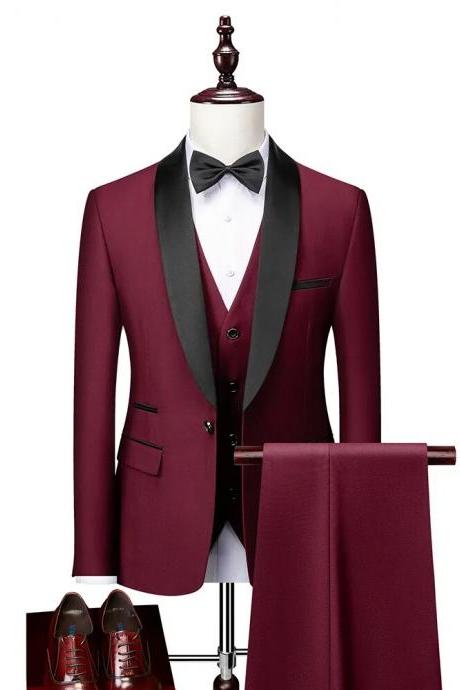 3 Pieces Set Formal Slim Fit Tuxedo Prom Suit / Male Groom Wedding Blazers High Quality Dress Jacket Coat Pants Vest MS22