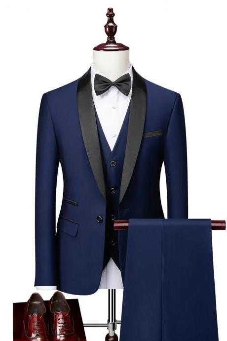3 Pieces Set Formal Slim Fit Tuxedo Prom Suit / Male Groom Wedding Blazers High Quality Dress Jacket Coat Pants Vest Ms23
