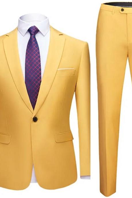 Yellow Jacket + Pants 2 Pieces Set Fashion Men&amp;#039;s Casual Boutique Business Dress Wedding Groom Suit Coat Blazers Trousers Ms38