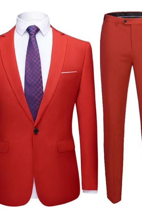 Red Jacket + Pants 2 Pieces Set Fashion New Men's Casual Boutique Business Dress Wedding Groom Suit Coat Blazers Trousers MS39
