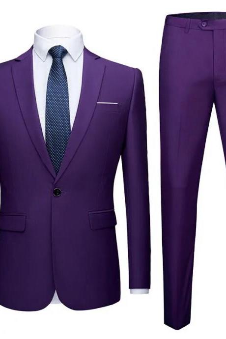 Purple Jacket + Pants 2 Pieces Set Fashion New Men's Casual Boutique Business Dress Wedding Groom Suit Coat Blazers Trousers MS40