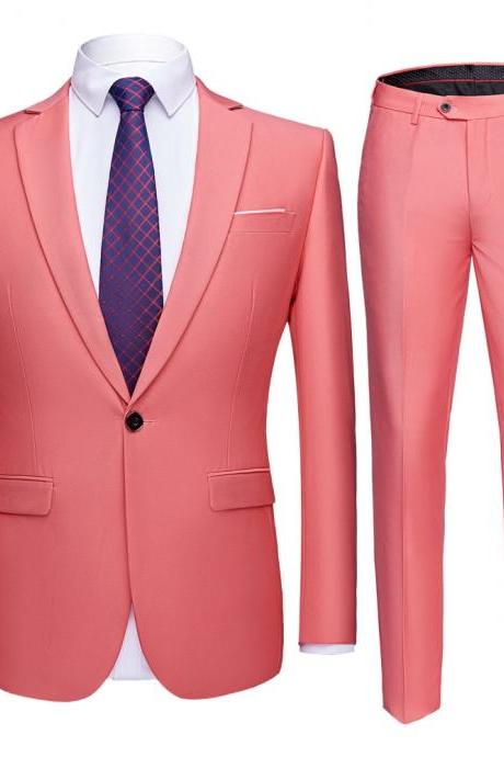 Pink Jacket + Pants 2 Pieces Set Fashion Men's Casual Boutique Business Dress Wedding Groom Suit Coat Blazers Trousers Ms42