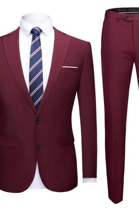 Wine Red Jacket + Pants 2 Pieces Set Fashion New Men's Casual Boutique Business Dress Wedding Groom Suit Coat Blazers Trousers MS43