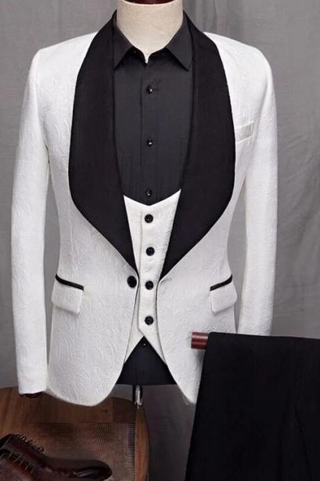 Slim Fit 3 Piece Wedding Suits For Men Shawl Lapel Floral Blazer With Vest And Pants Custom Made Groom Tuxedo Male Fashion Ms47