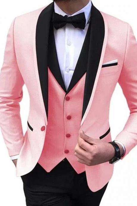 Slim Fit Men's Suits With Black Shawl Lapel Prom Groom Tuxedos For Wedding Male Fashion Blazer 3 Pcs Suit Set Jacket Vest Pants Ms57