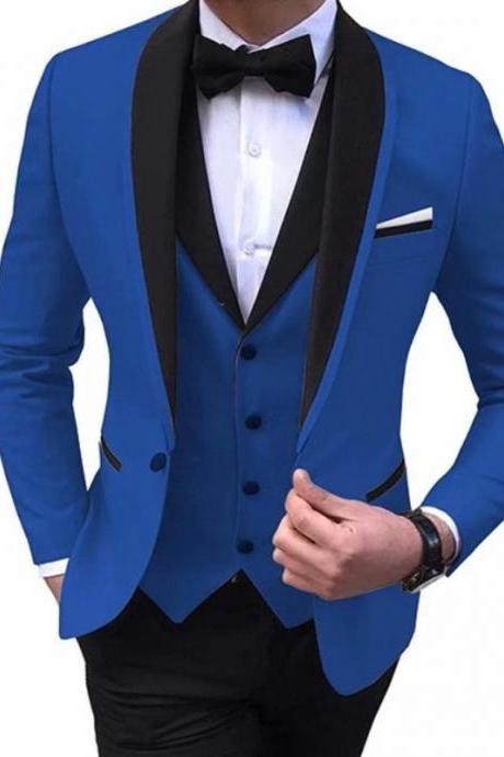 Slim Fit Men&amp;#039;s Suits With Black Shawl Lapel Prom Groom Tuxedos For Wedding Male Fashion Blazer 3 Pcs Suit Set Jacket Vest Pants Ms58