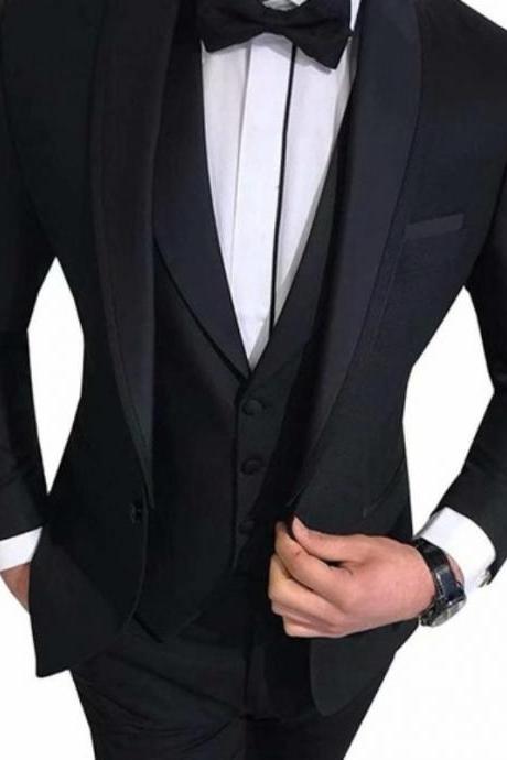Slim Fit Men&amp;#039;s Suits With Black Shawl Lapel Prom Groom Tuxedos For Wedding Male Fashion Blazer 3 Pcs Suit Set Jacket Vest Pants Ms59