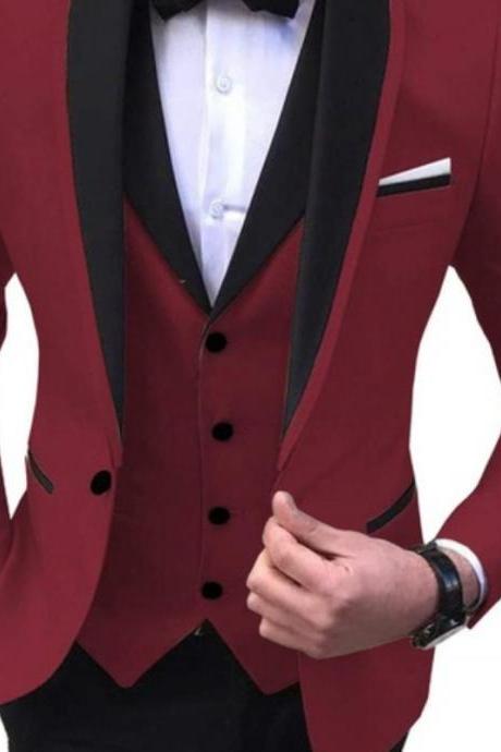 Slim Fit Men&amp;#039;s Suits With Black Shawl Lapel Prom Groom Tuxedos For Wedding Male Fashion Blazer 3 Pcs Suit Set Jacket Vest Pants Ms60