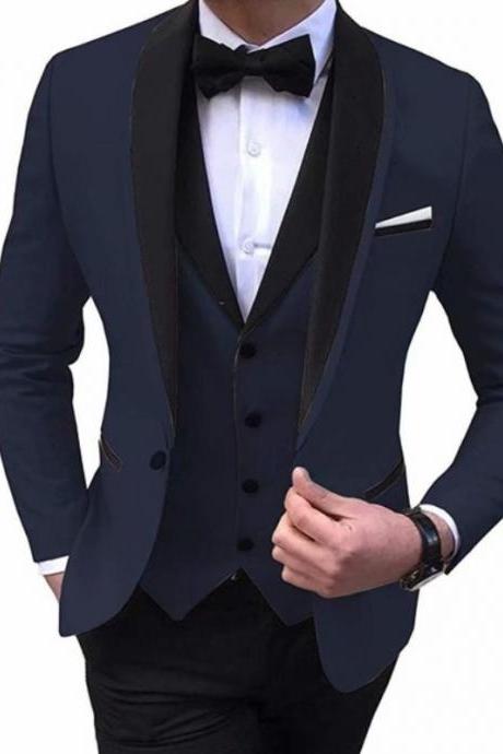 Slim Fit Men's Suits With Black Shawl Lapel Prom Groom Tuxedos For Wedding Male Fashion Blazer 3 Pcs Suit Set Jacket Vest Pants Ms61