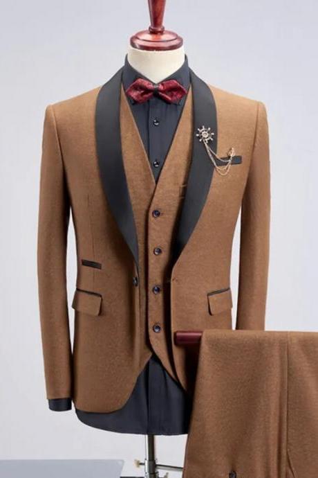 Brown 3 Pieces Suits Fashion Men&amp;#039;s Casual Boutique Business Suit / Male Color Matching Collar Blazer Jacket Coat Trousers Vest Set