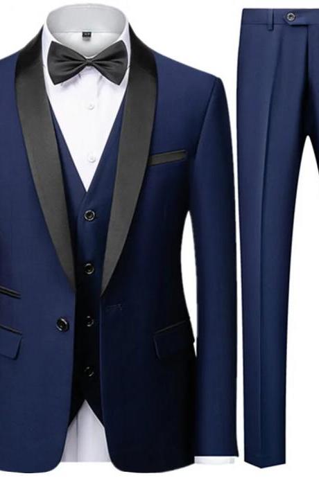 Block Collar Suits Jacket Trousers Waistcoat Male Business Casual Wedding Blazers Coat Vest Pants 3 Pieces Set Ms78