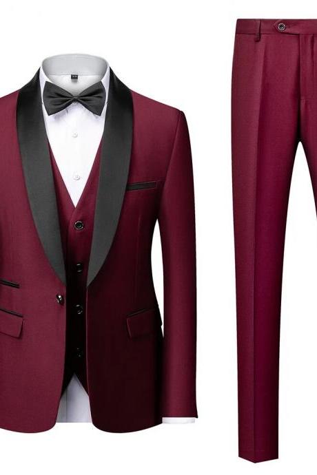 Block Collar Suits Jacket Trousers Waistcoat Male Business Casual Wedding Blazers Coat Vest Pants 3 Pieces Set Ms81