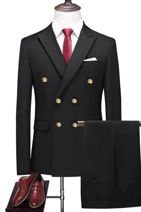Fashion Men's Business Double Breasted Solid Color Suit Coat / Male Slim Wedding 2 Pieces Blazers Jacket Pants Trousers Ms130