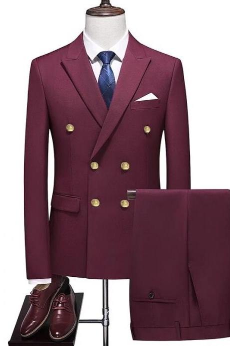 Fashion Men's Business Double Breasted Solid Color Suit Coat / Male Slim Wedding 2 Pieces Blazers Jacket Pants Trousers Ms135
