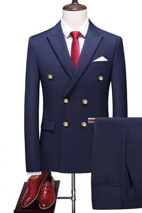 Fashion New Men's Business Double Breasted Solid Color Suit Coat / Male Slim Wedding 2 Pieces Blazers Jacket Pants Trousers MS137