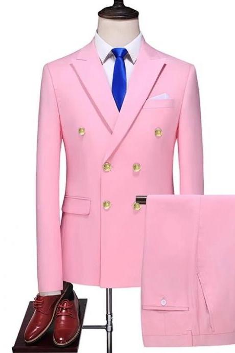 Fashion Men's Business Double Breasted Solid Color Suit Coat / Male Slim Wedding 2 Pieces Blazers Jacket Pants Trousers Ms142