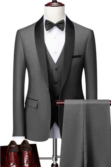 Men Lapel Black Collar 3 Pcs Suit Set Coat Vest Trousers / Business Groomsmen Groom Wedding Dress Fprmal Blazer Pants Waistcoat Ms174