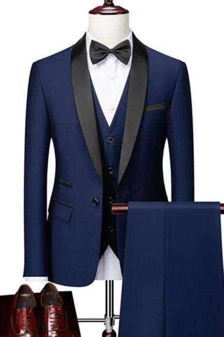 Men Lapel Black Collar 3 Pcs Suit Set Coat Vest Trousers / Business Groomsmen Groom Wedding Dress Fprmal Blazer Pants Waistcoat Ms175