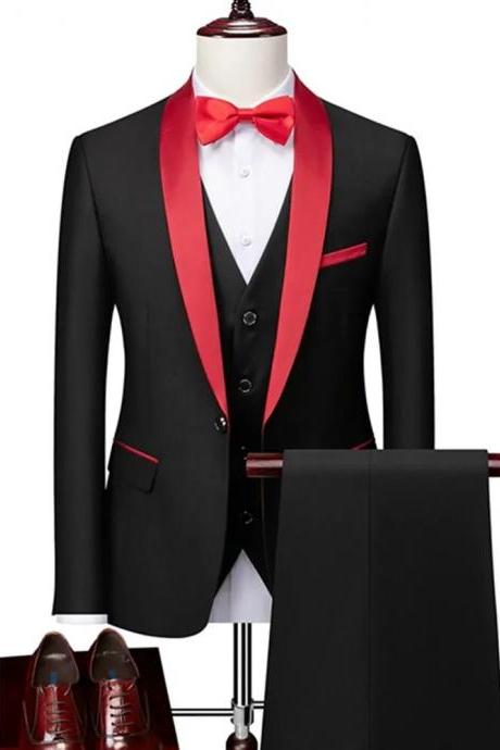 Men Lapel Black Collar 3 Pcs Suit Set Coat Vest Trousers / Business Groomsmen Groom Wedding Dress Fprmal Blazer Pants Waistcoat Ms178