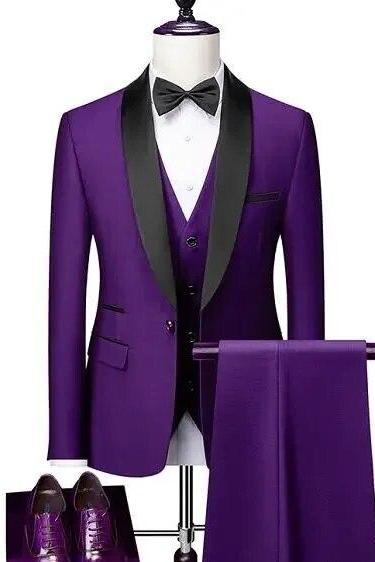 Men Lapel Black Collar 3 Pcs Suit Set Coat Vest Trousers / Business Groomsmen Groom Wedding Dress Fprmal Blazer Pants Waistcoat Ms180