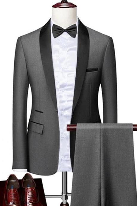 Men Lapel Black Collar 2 Pcs Suit Set Coat Trousers Business Groomsmen Groom Wedding Dress Fprmal Blazer Pants Waistcoat Ms185