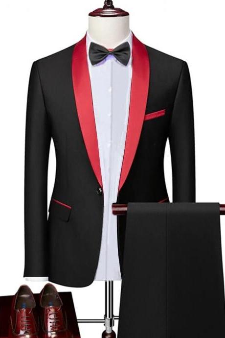 Men Lapel Black Collar 2 Pcs Suit Set Coat Trousers Business Groomsmen Groom Wedding Dress Fprmal Blazer Pants Waistcoat Ms188